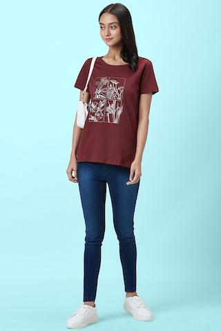 maroon printed casual half sleeves round neck women regular fit t-shirt