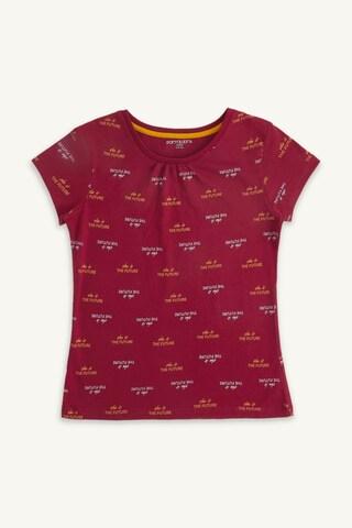 maroon printed casual short sleeves round neck girls regular fit t-shirt