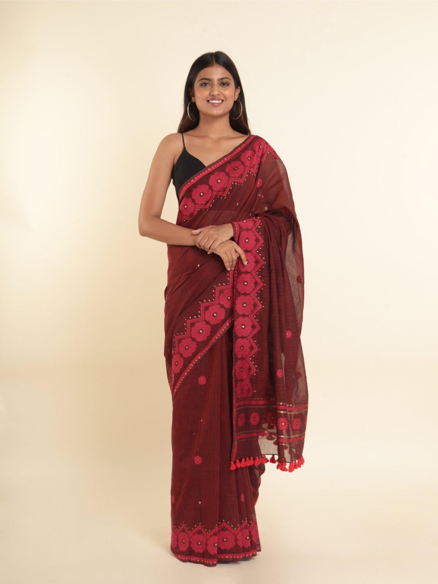 maroon printed design cotton blend saree