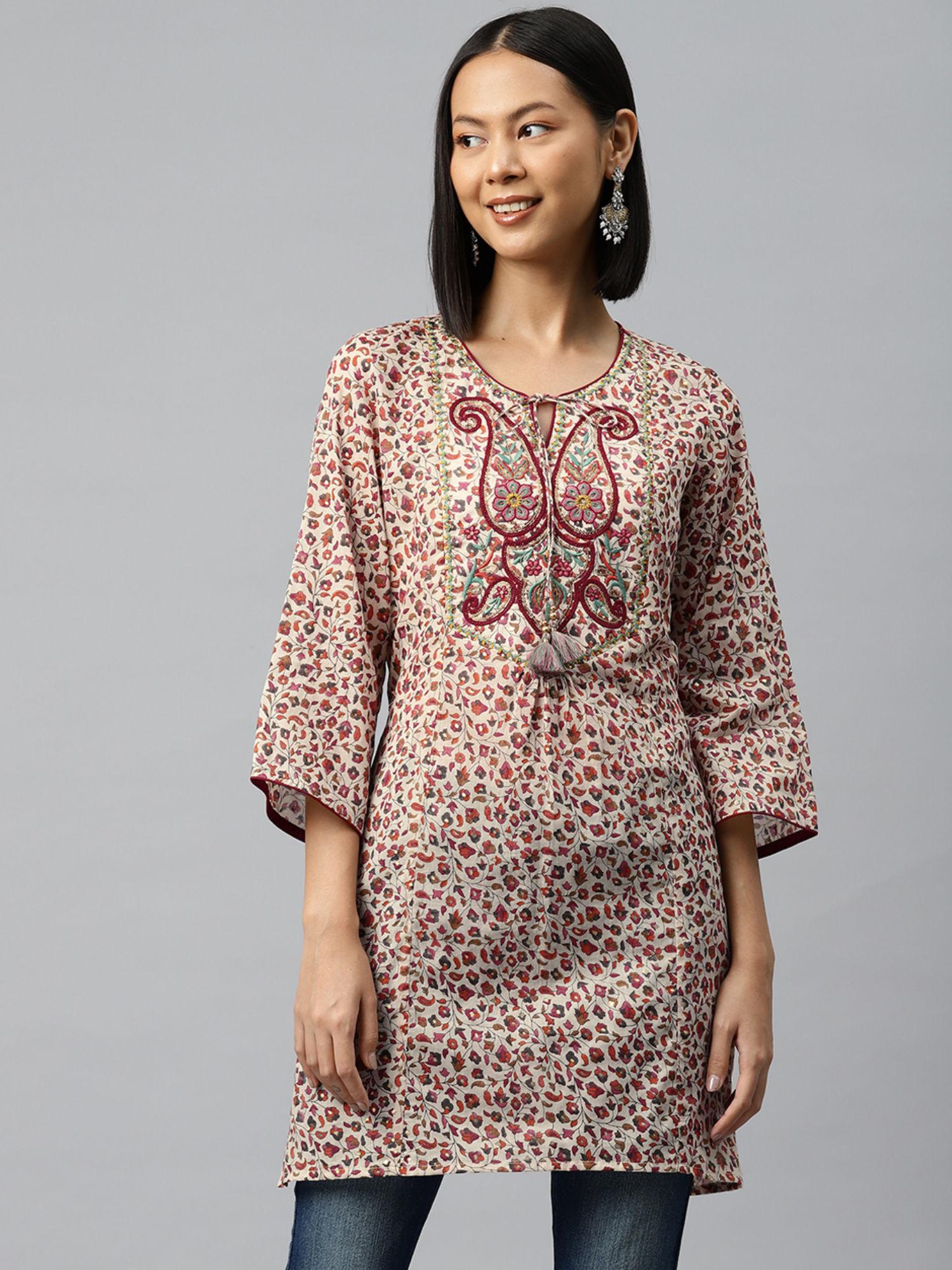 maroon printed embroidered neck tie-up tunic