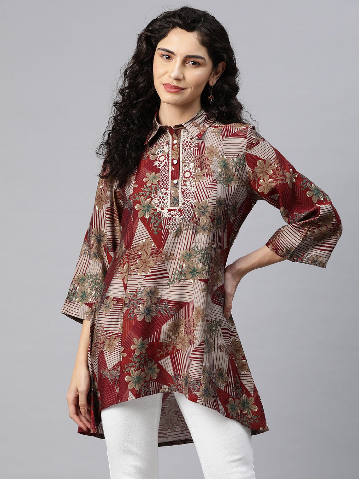 maroon printed embroidered shirt collar tunic