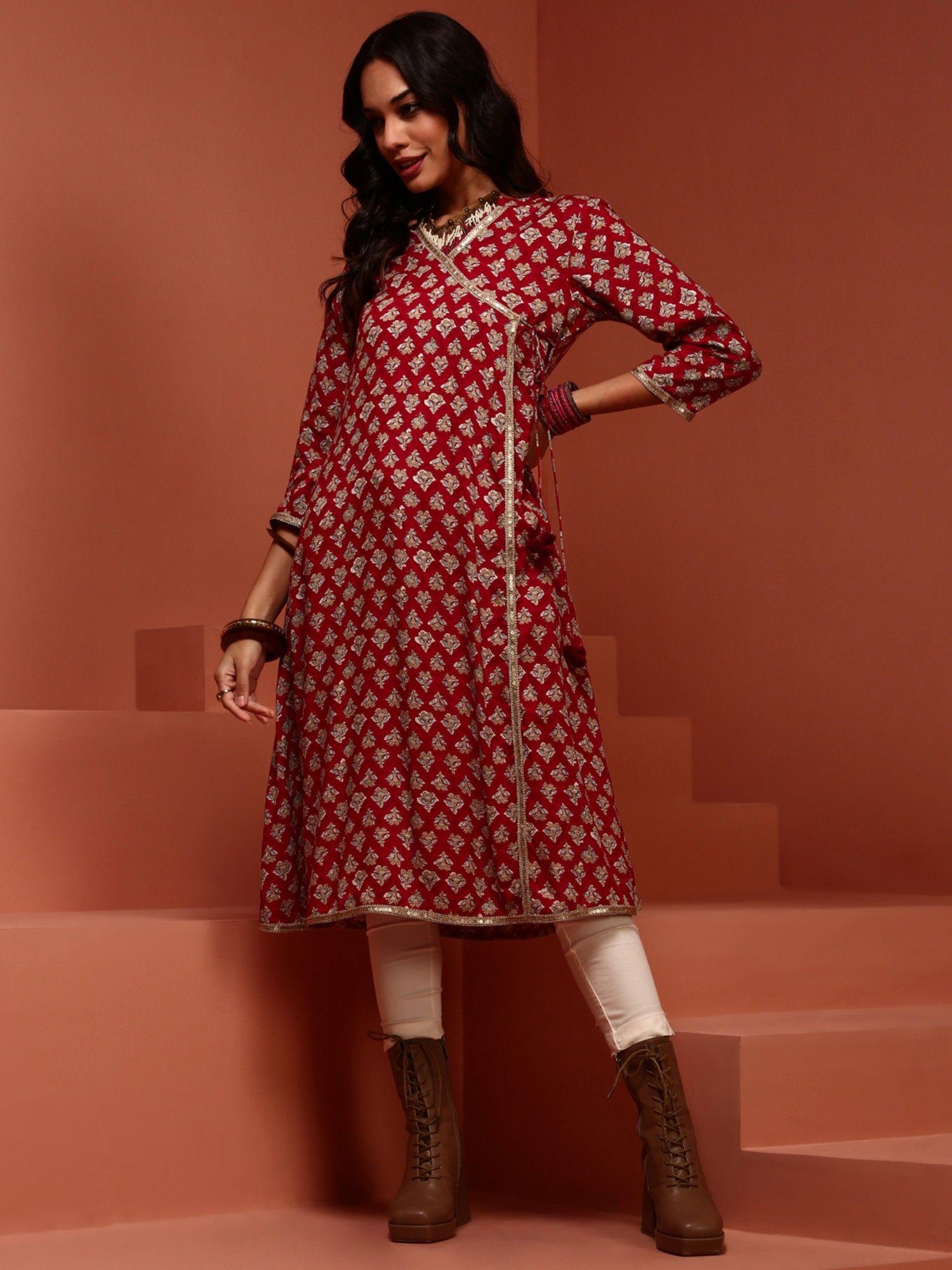 maroon printed flared kurta