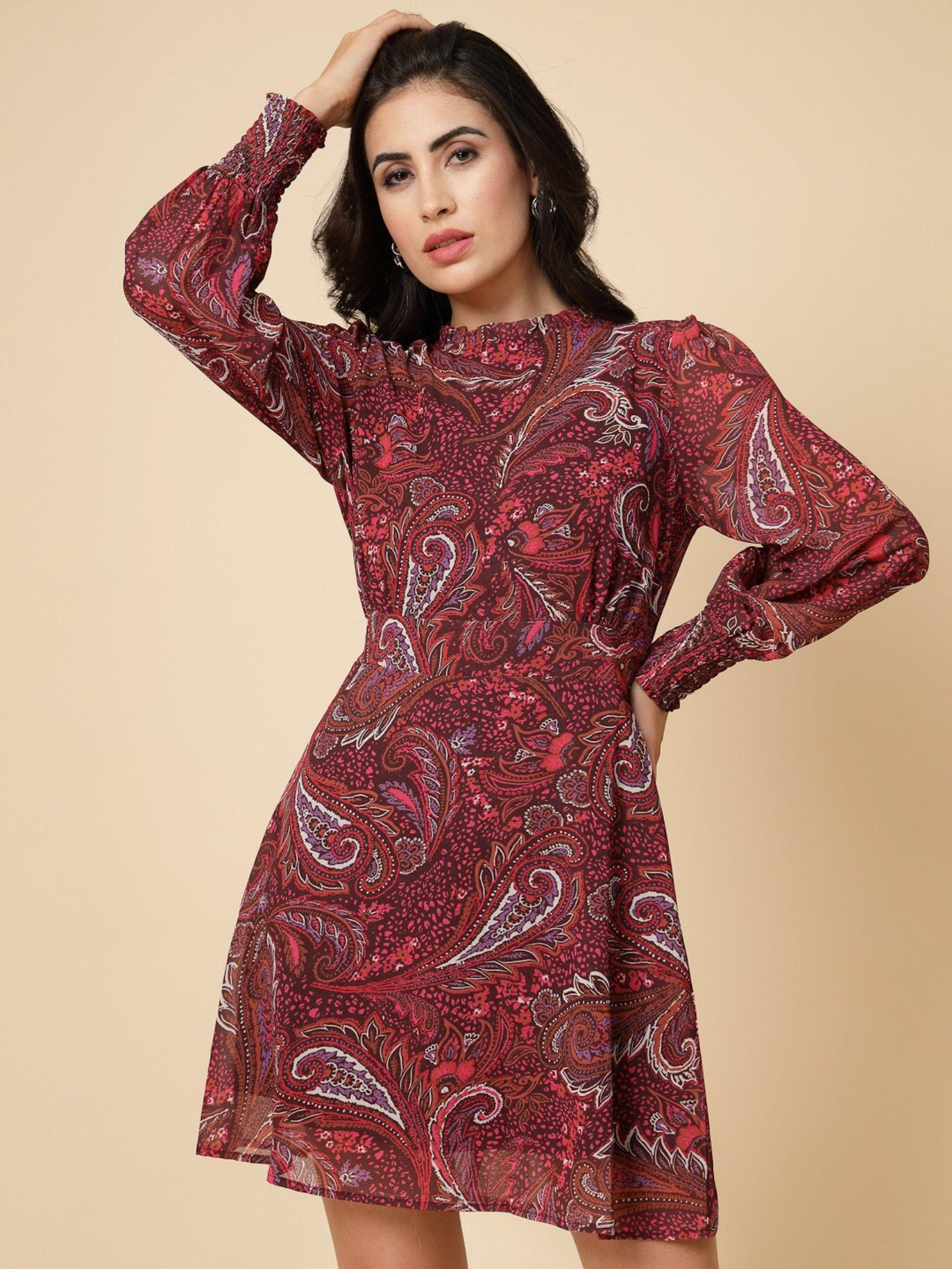 maroon printed georgette mini dress