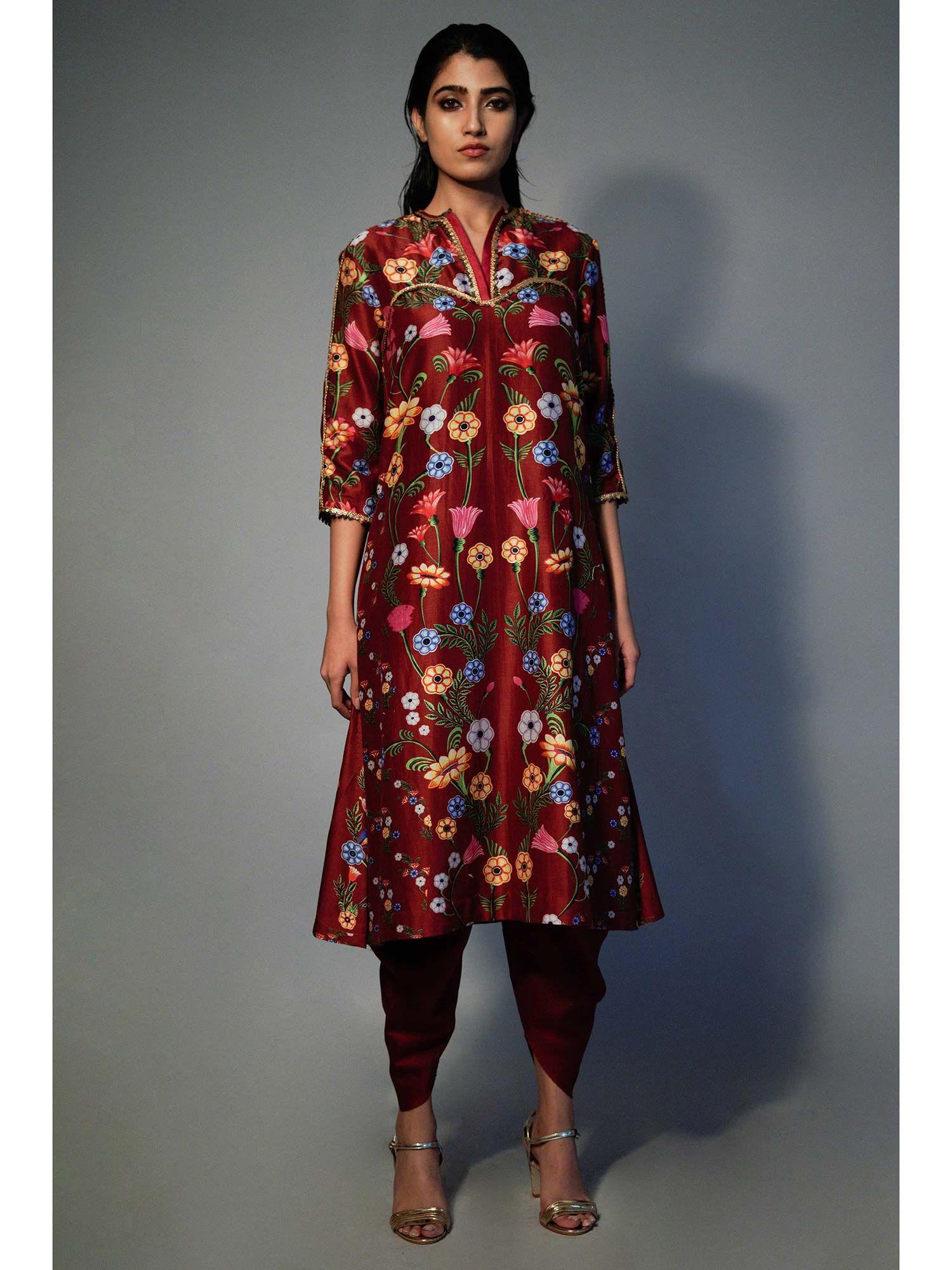 maroon printed kurta in chanderi (set of 2)