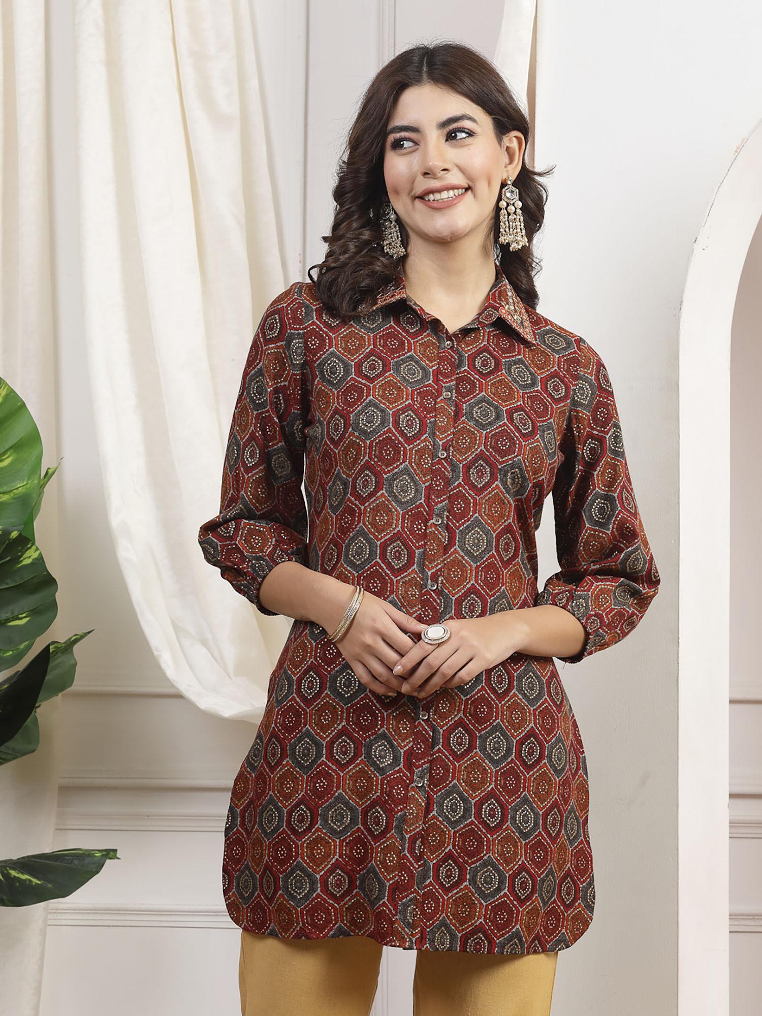 maroon printed mirror work long line shirt