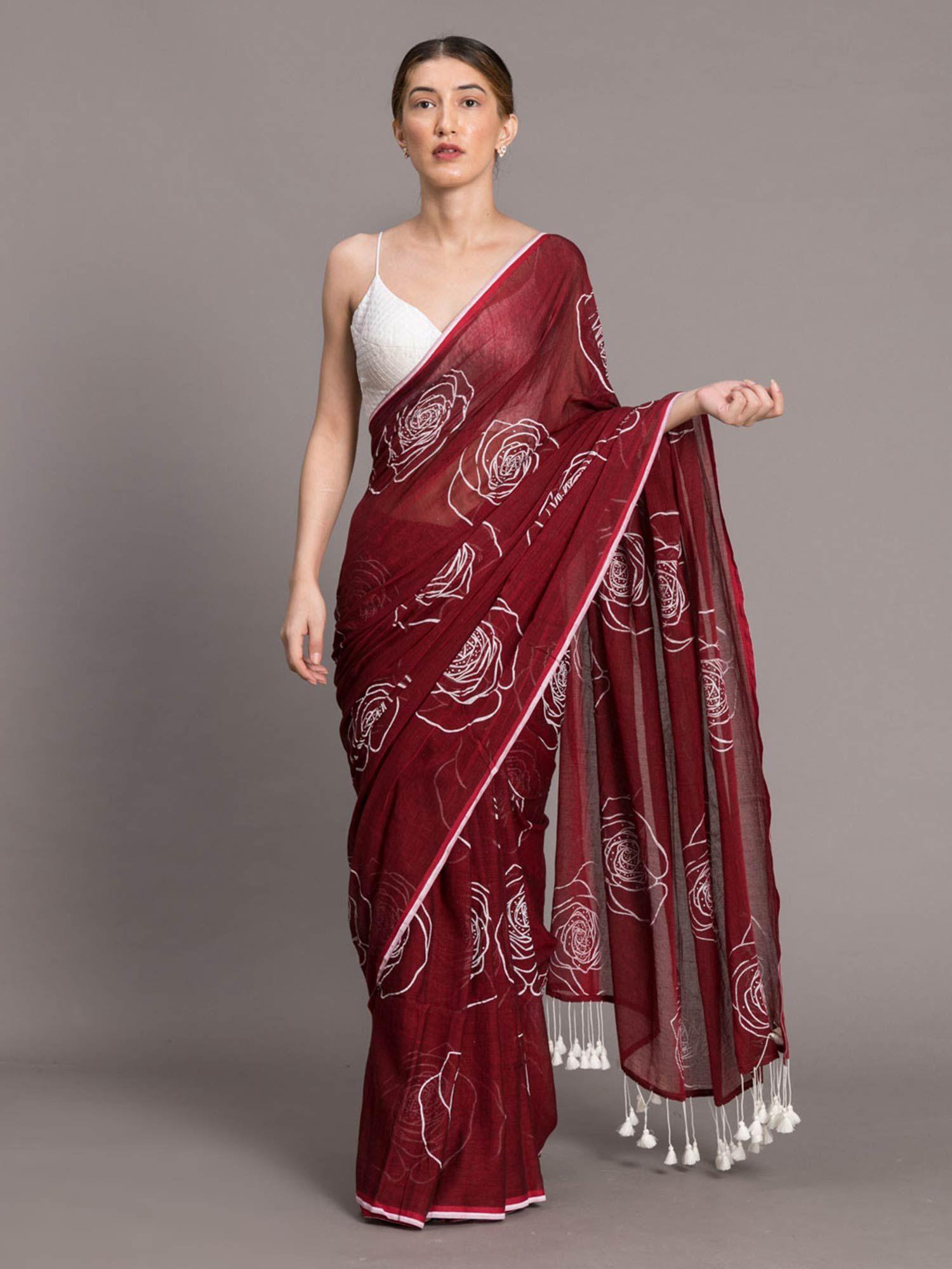 maroon printed mul cotton saree without blouse