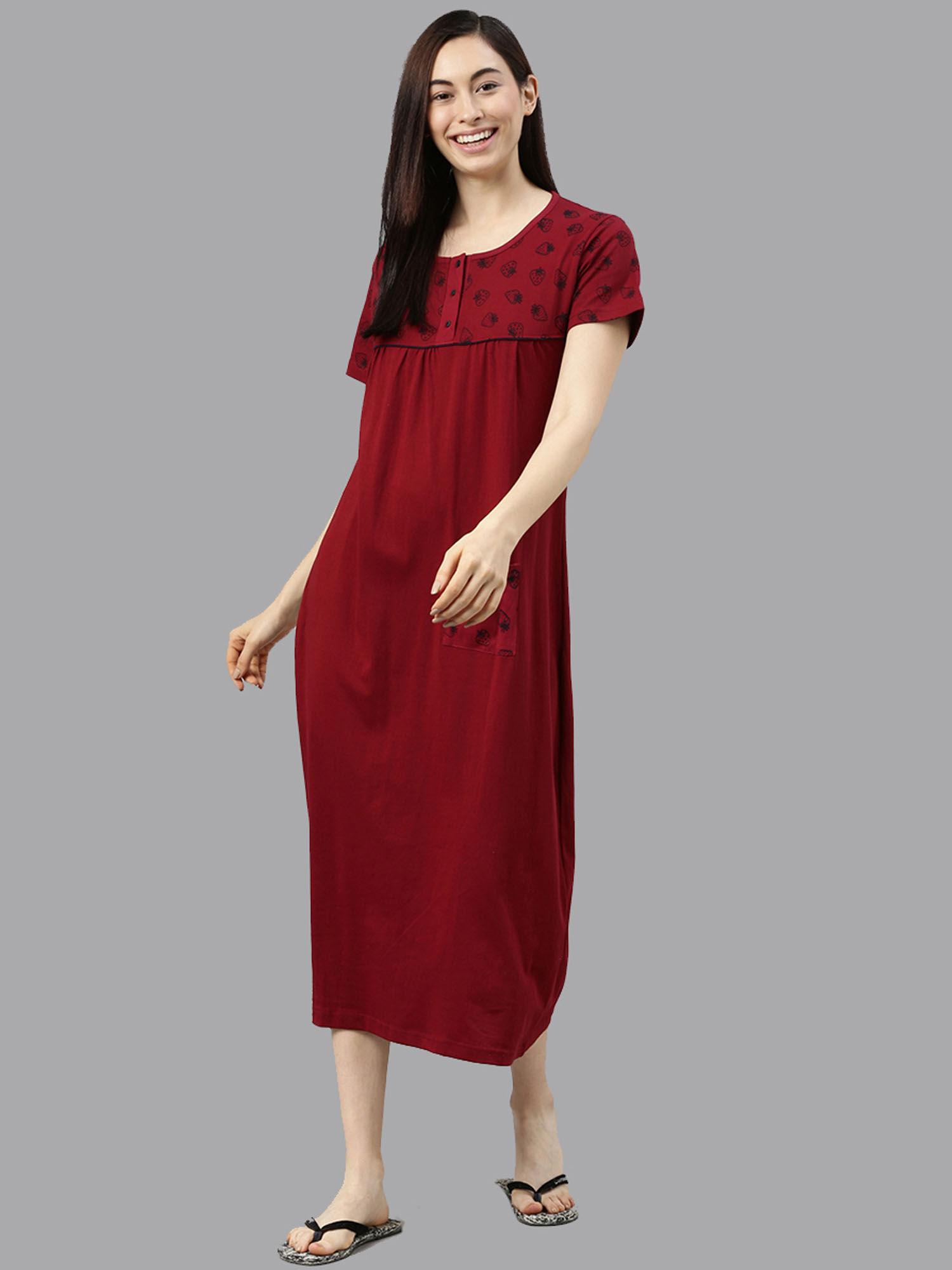 maroon printed nightdress for women