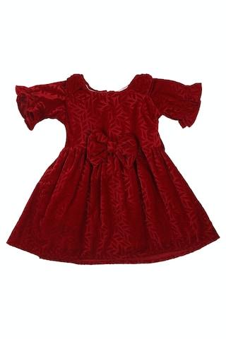 maroon printed party half sleeves round neck girls regular fit frock