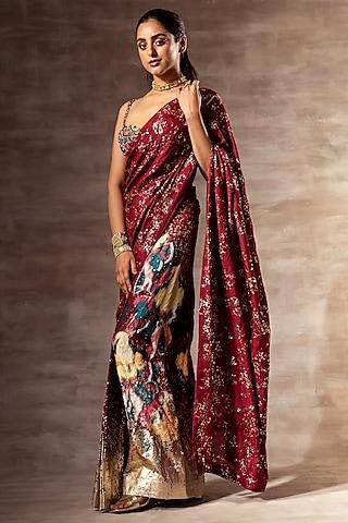 maroon printed pre-stitched saree set