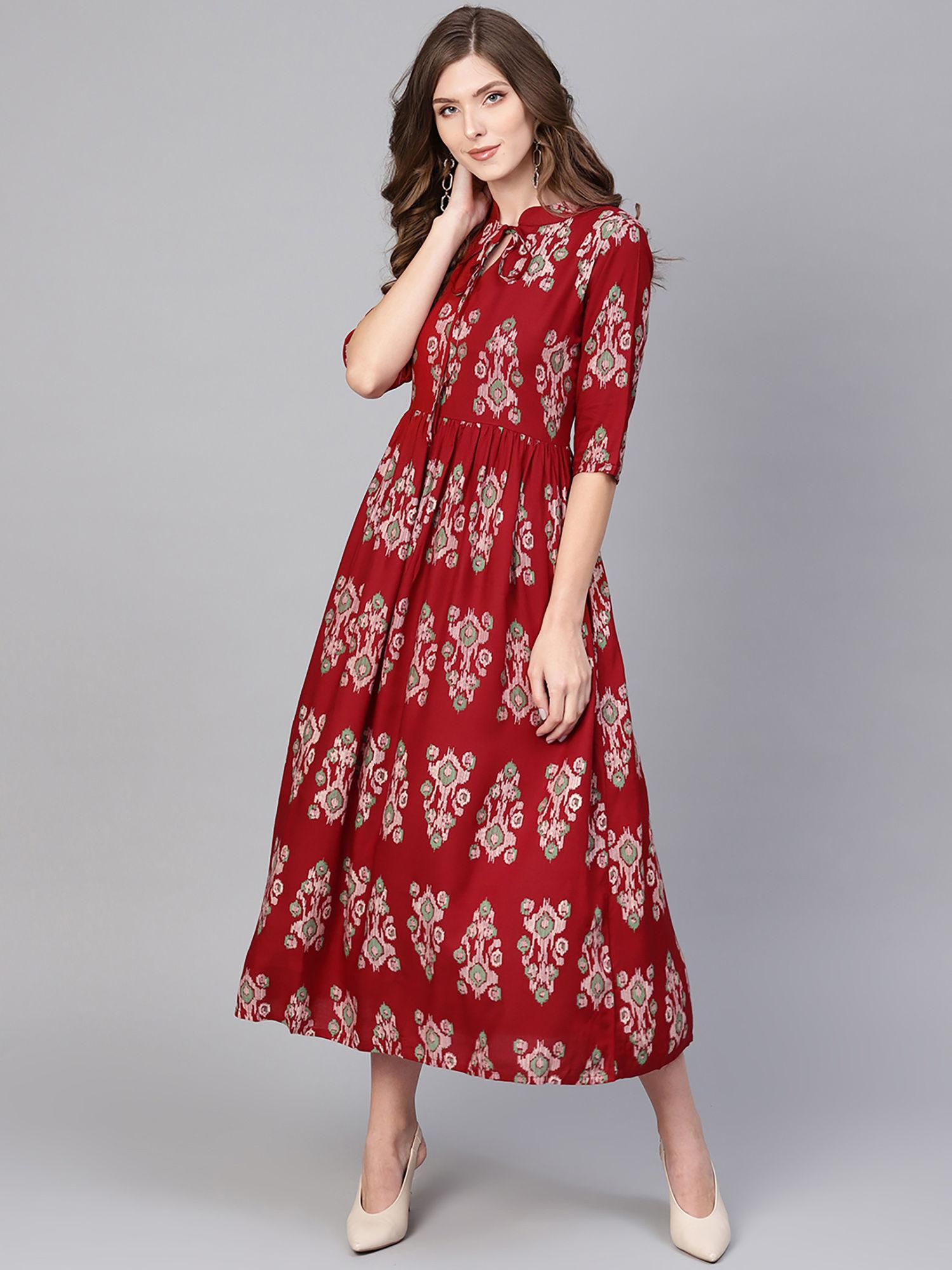 maroon printed rayon fit and flared dress