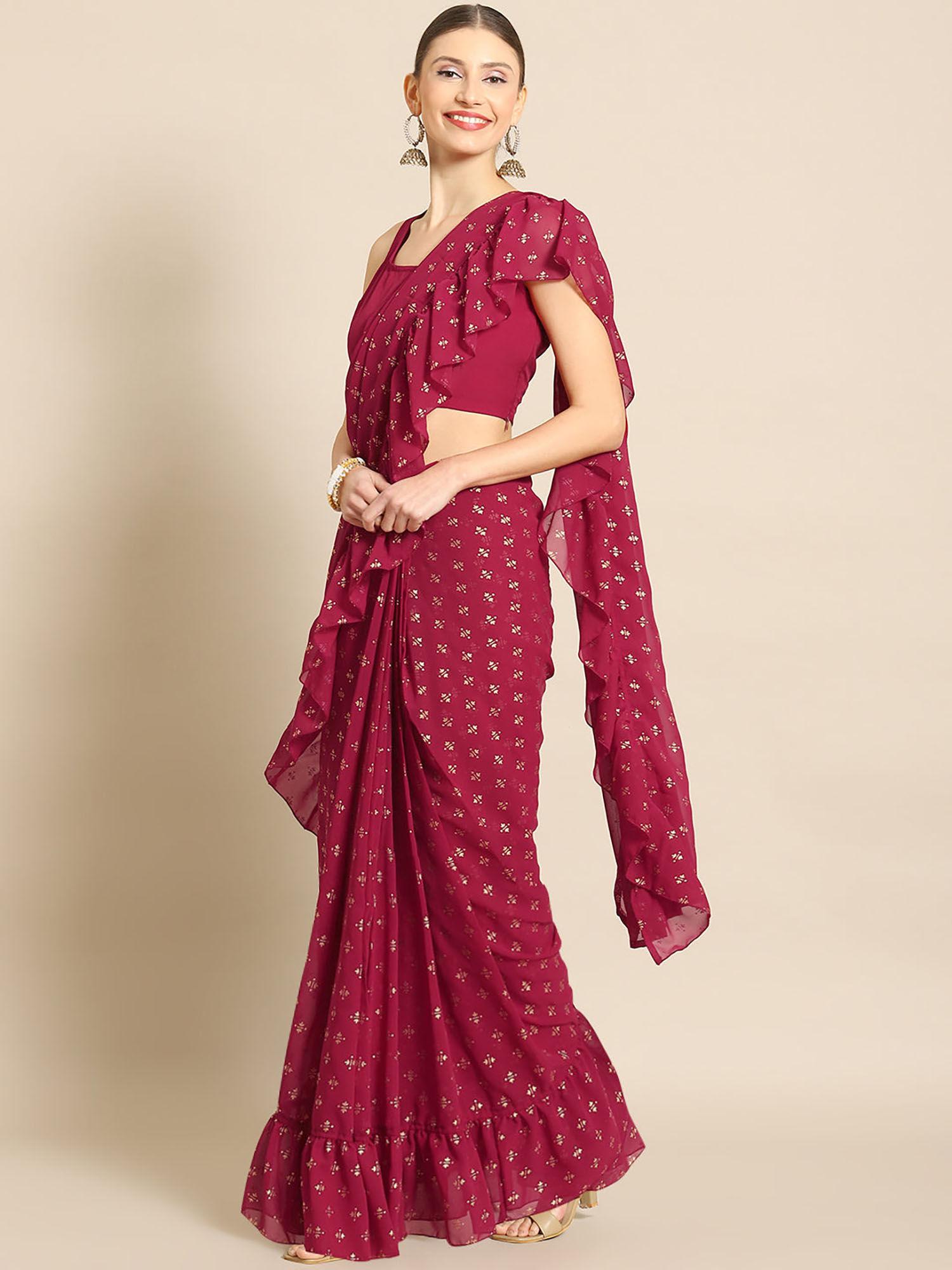 maroon printed ready to wear saree with unstitched blouse