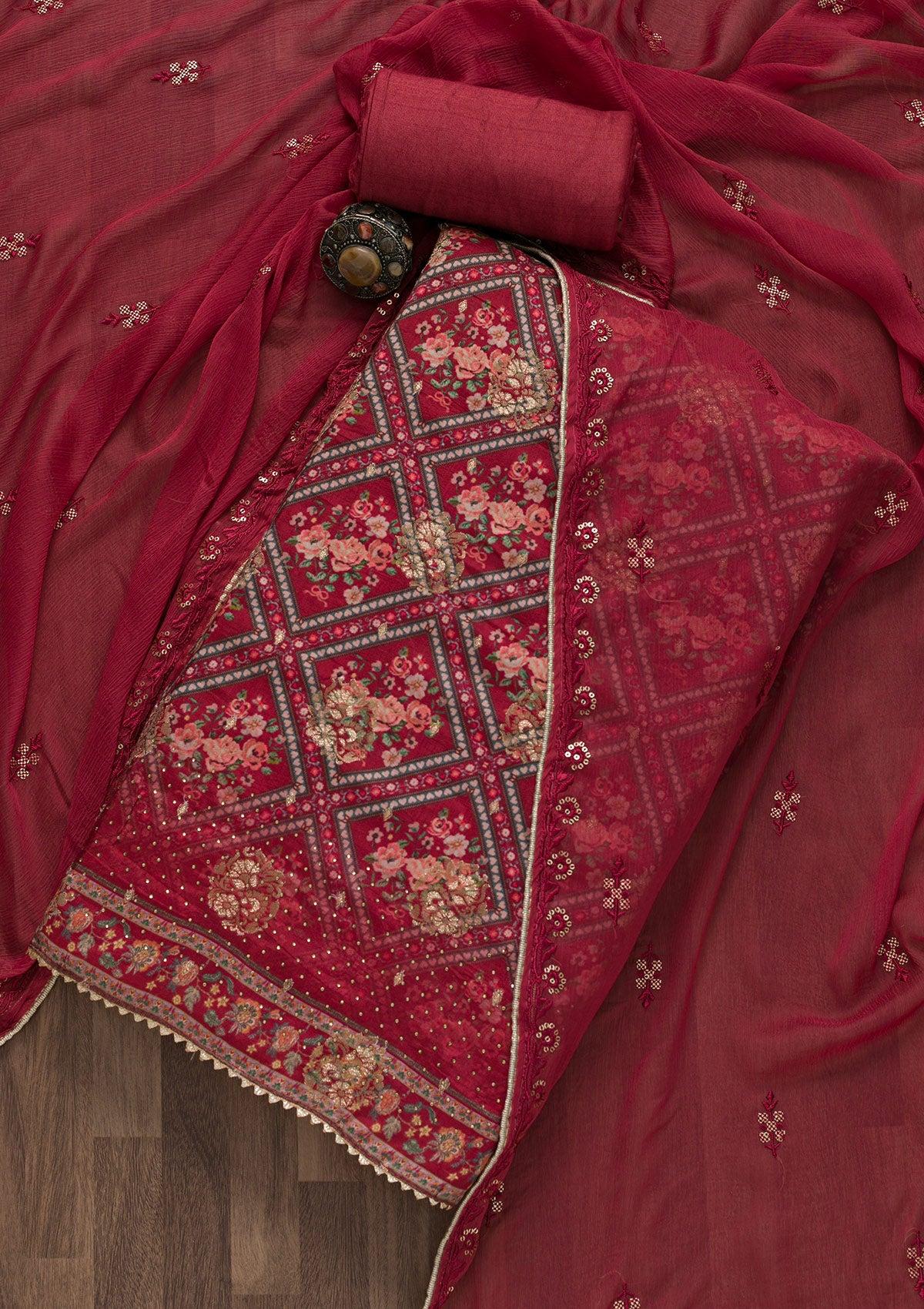 maroon printed soft silk unstitched salwar suit