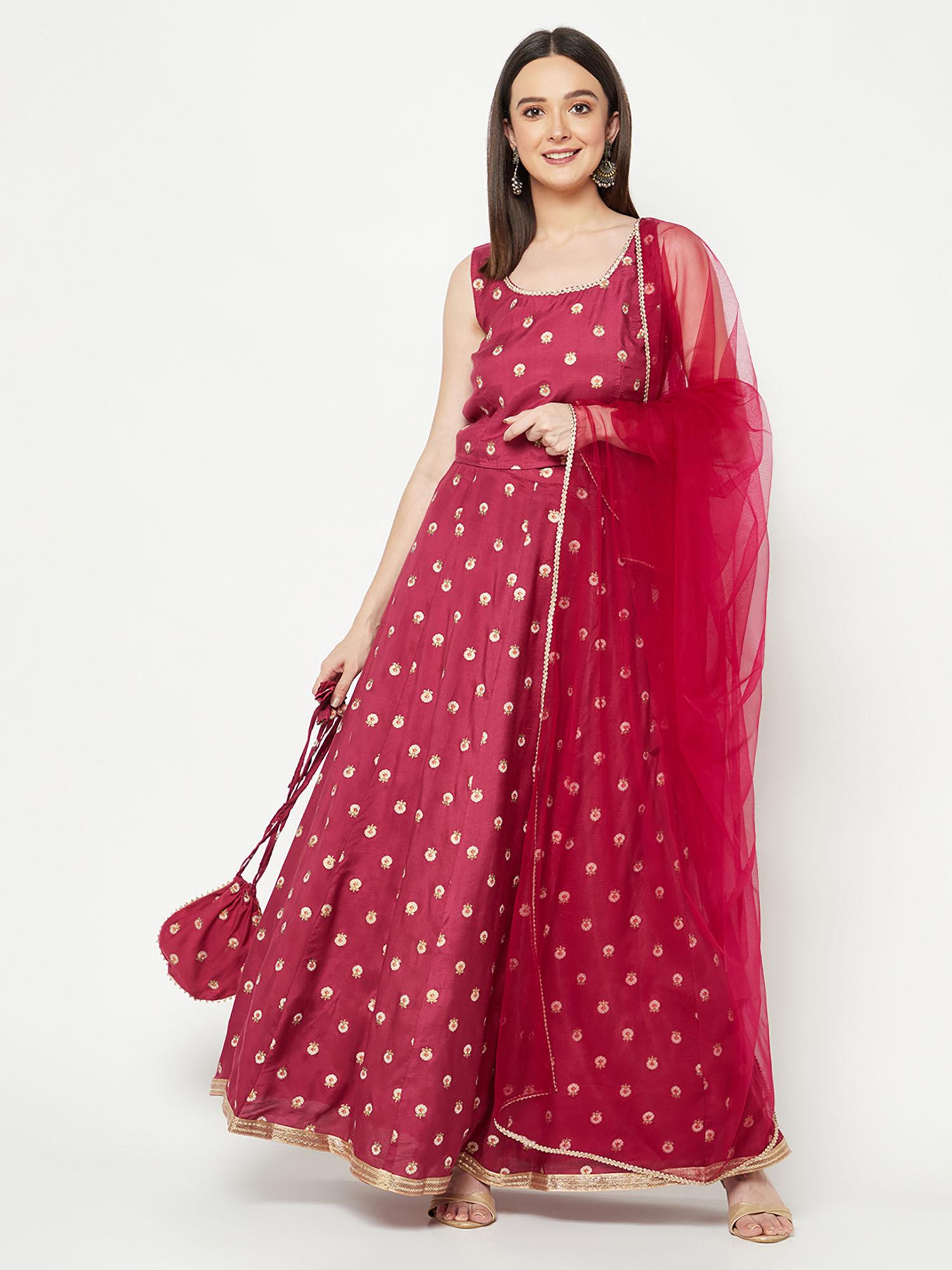 maroon printed top with flared skirt & dupatta (set of 3)