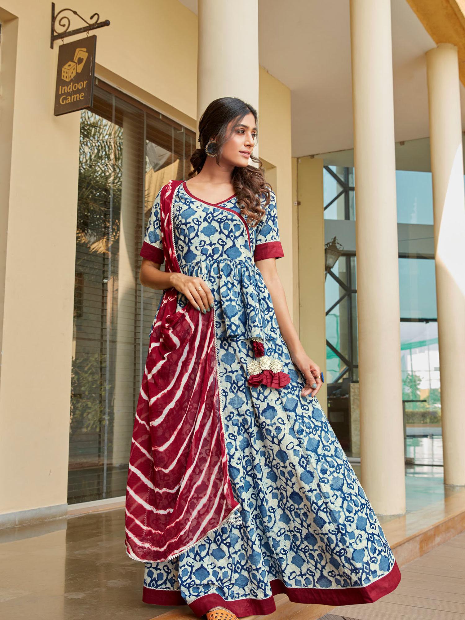 maroon printed top with skirt & dupatta (set of 3)