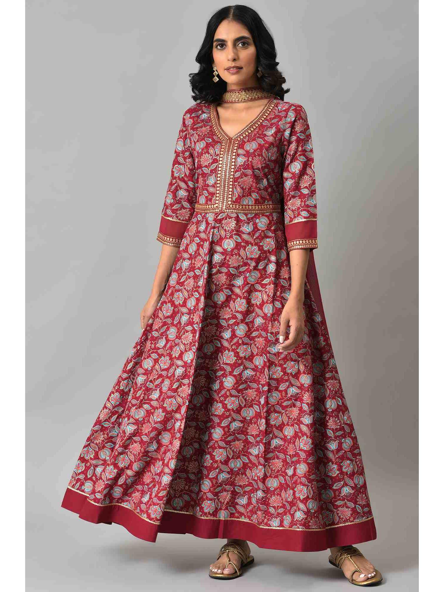 maroon printed with zari liva dress and dupatta (set of 2)