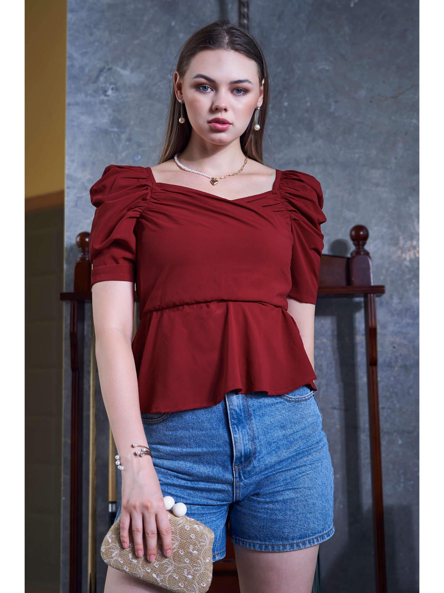 maroon puff sleeve elasticated waist peplum top