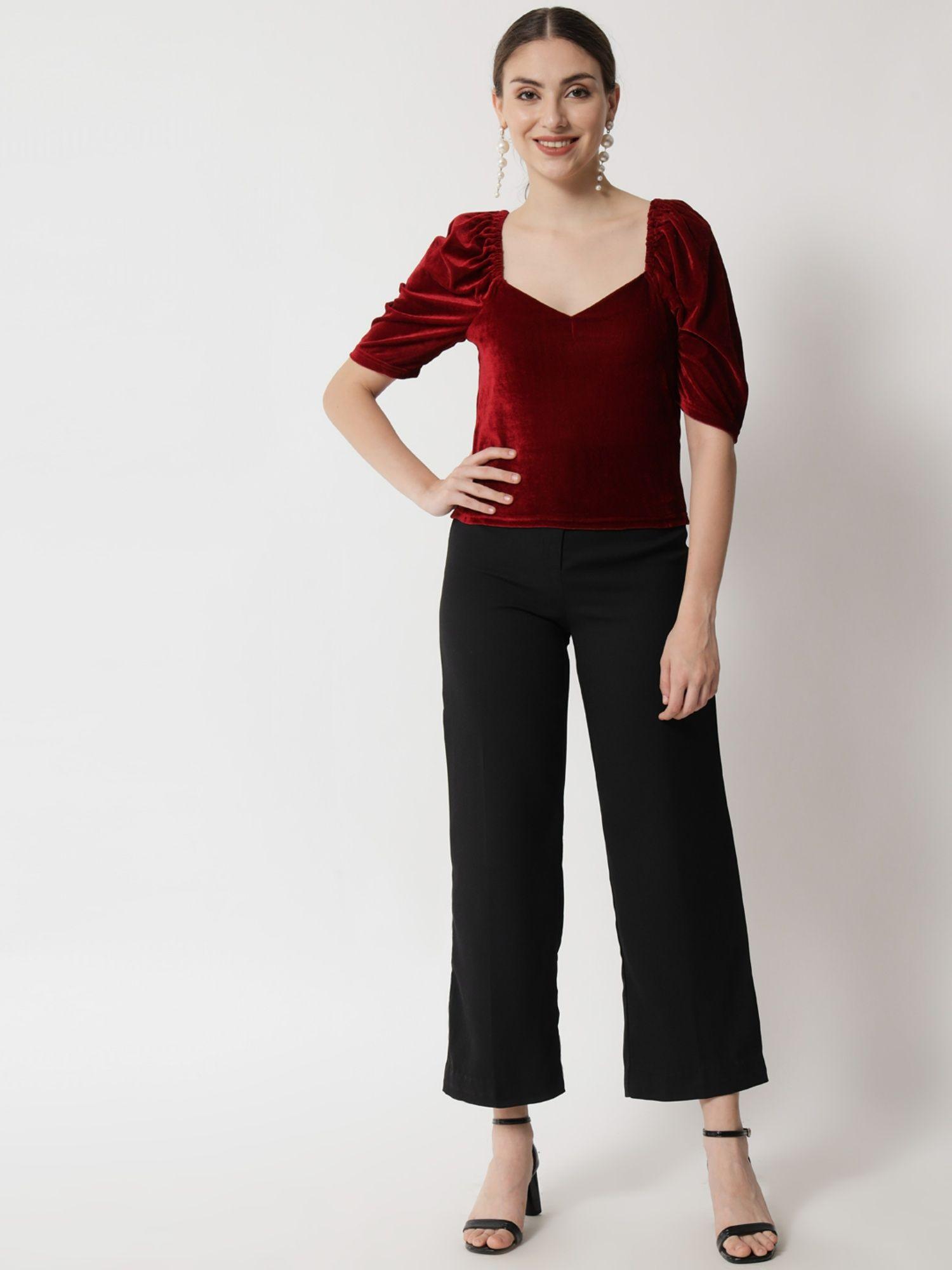 maroon puff sleeve velvet top