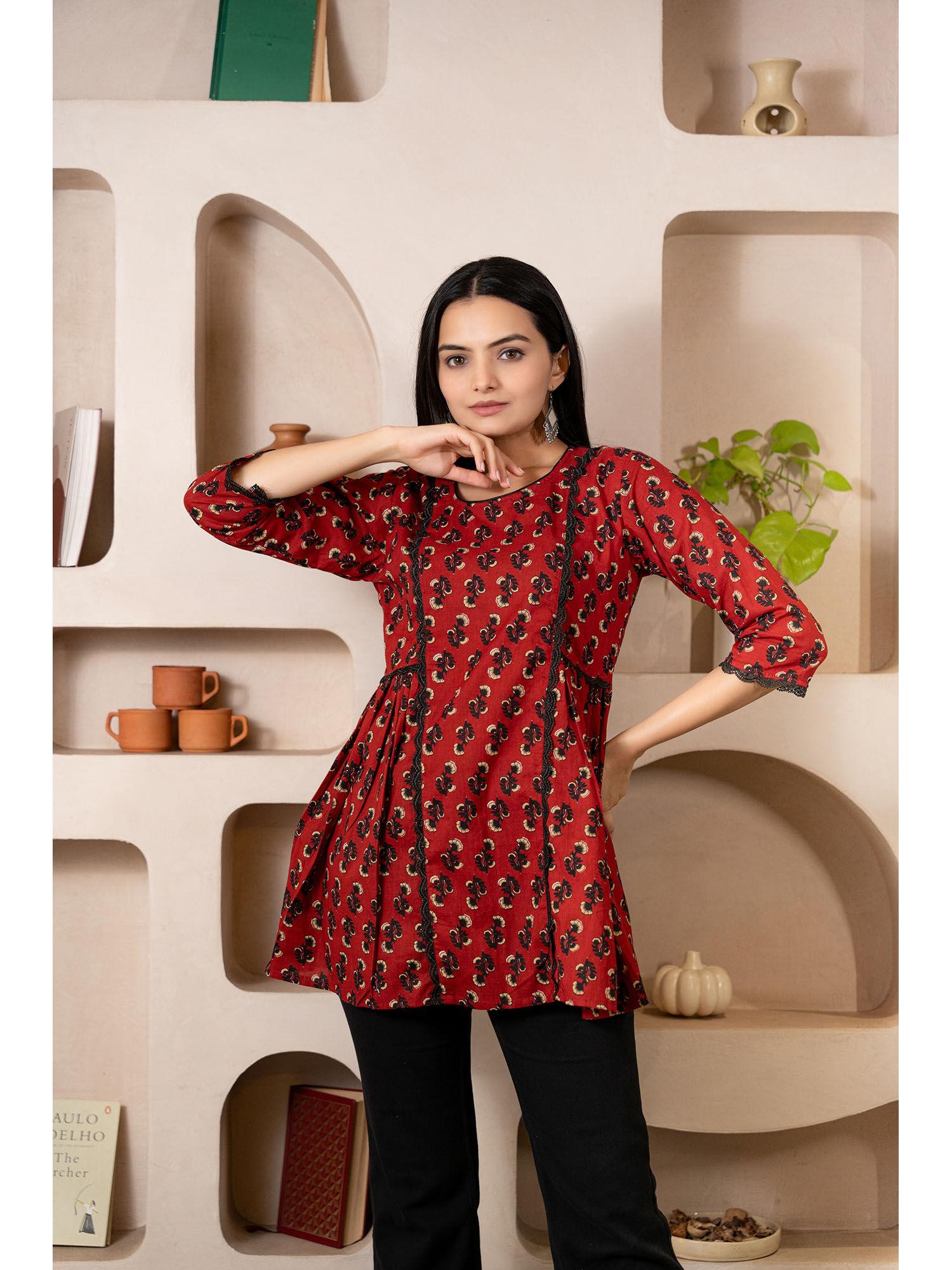 maroon pure cotton block printed tunic