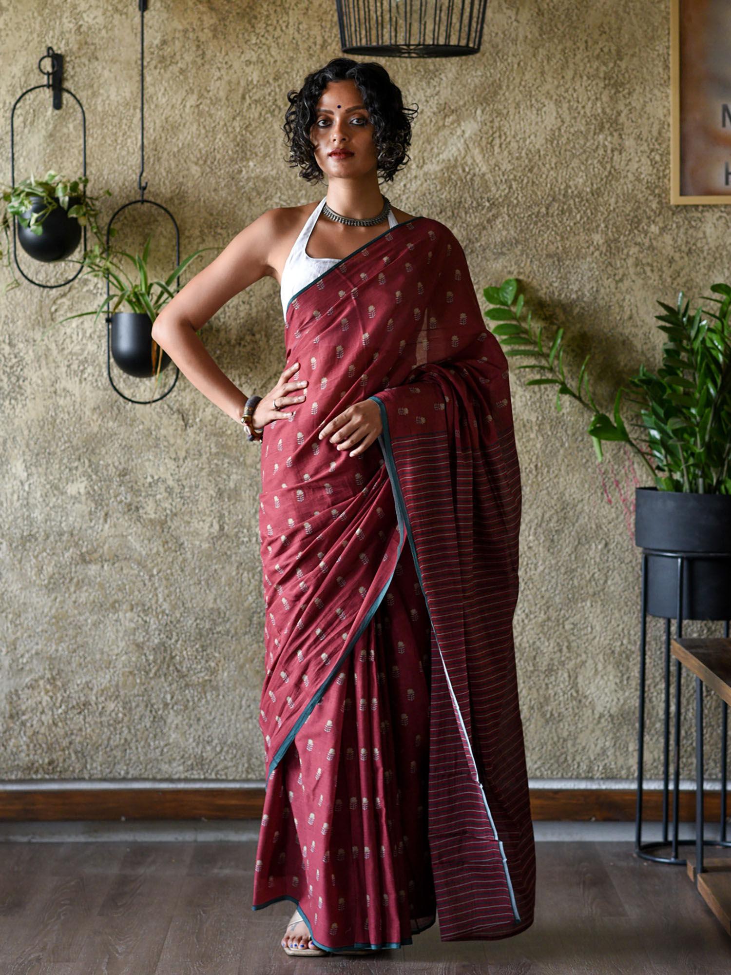 maroon pure cotton floral printed saree