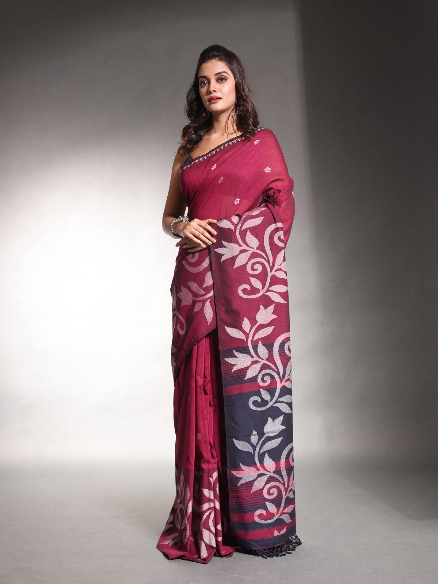 maroon pure cotton soft saree with unstitched blouse