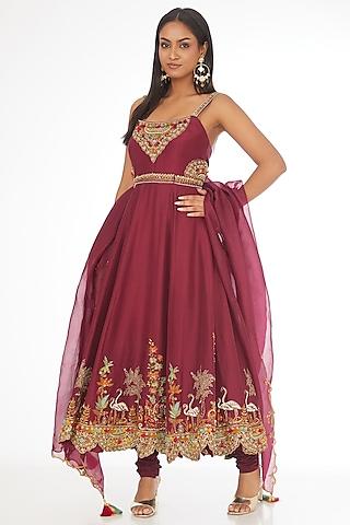 maroon pure dupion silk zardosi embroidered anarkali set