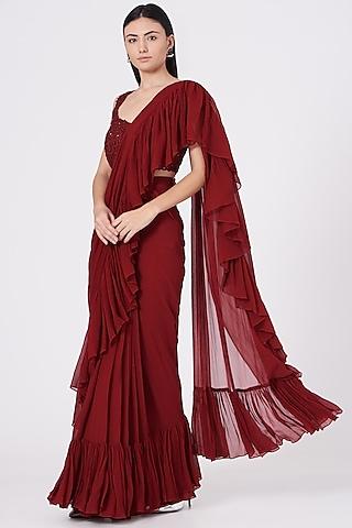 maroon pure georgette draped saree set