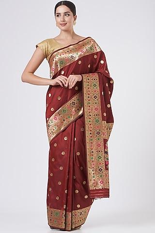 maroon pure katan silk banarasi handloom saree set