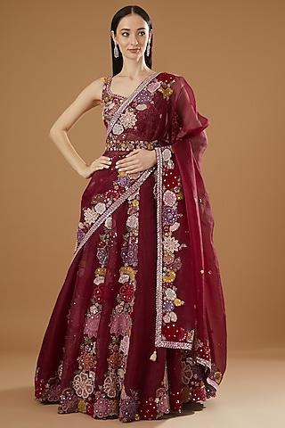 maroon pure silk embroidered lehenga set