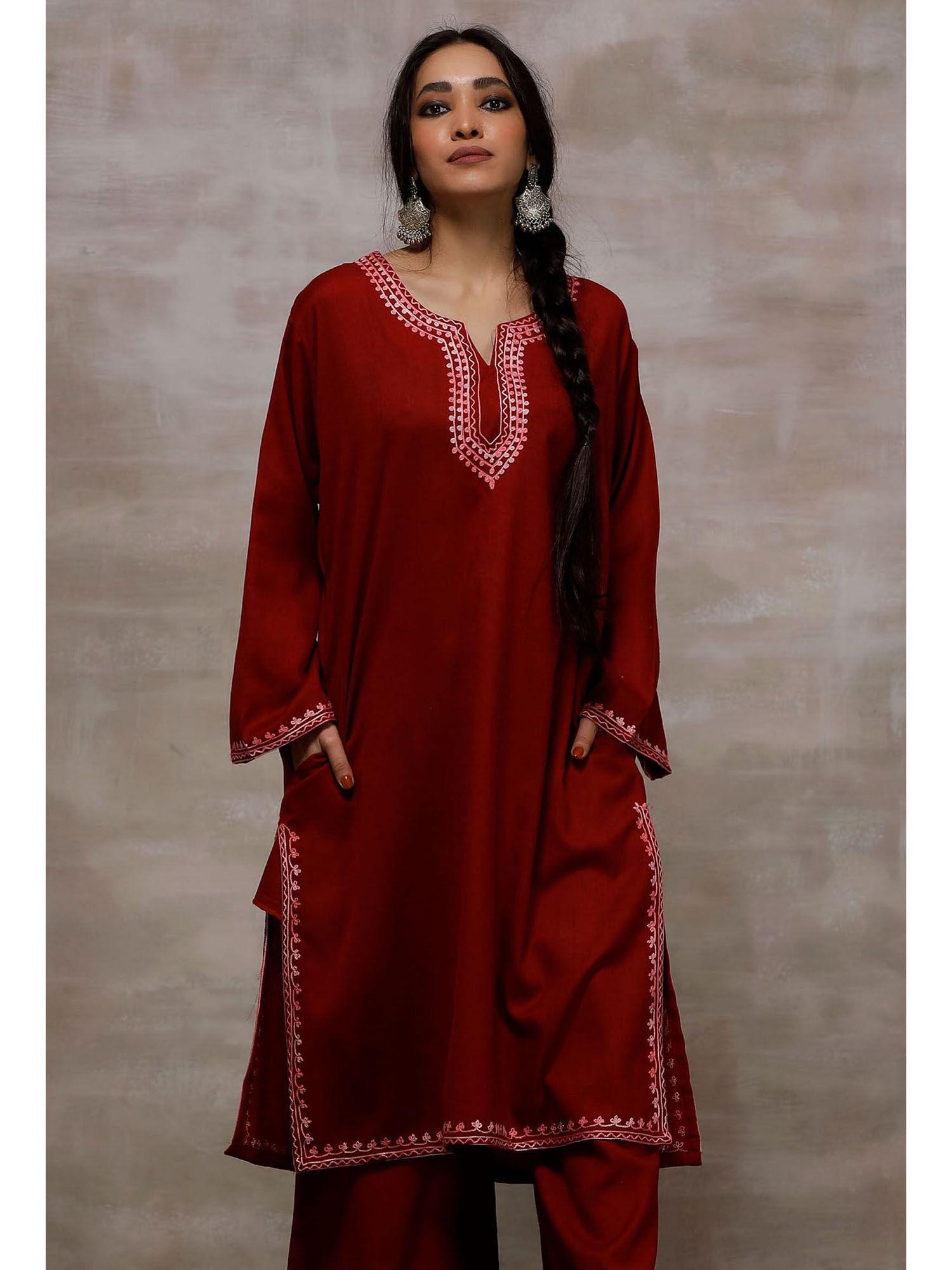 maroon pure woollen phiran kurta