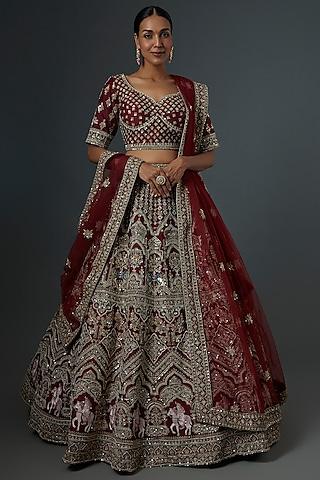 maroon raw silk embellished lehenga set