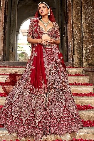 maroon raw silk embroidered lehenga set