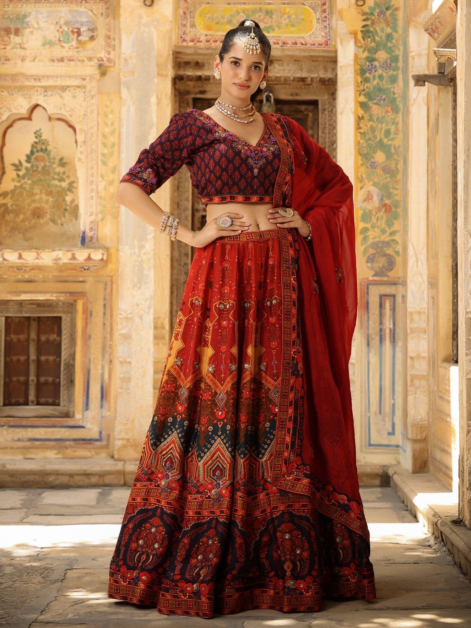 maroon raw silk ethnic motifs print with embroidery lehenga choli dupatta (set of 3)