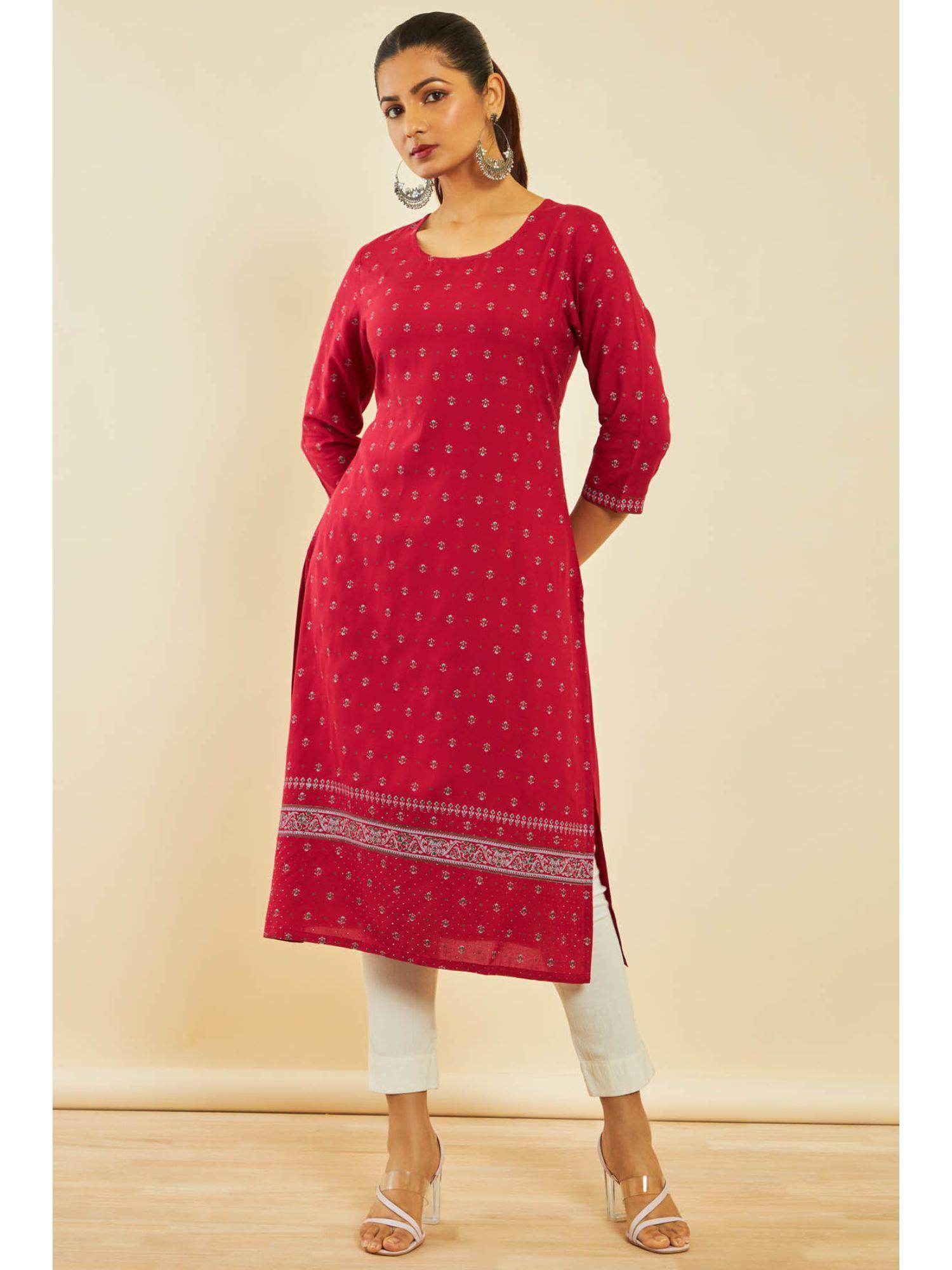 maroon rayon abstract print kurta with beads