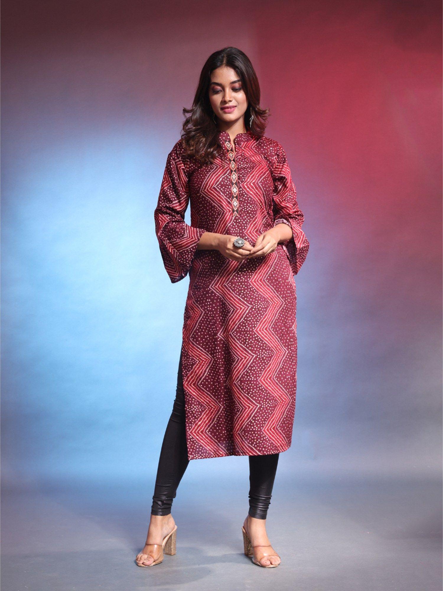 maroon rayon bandhani printed straight kurta