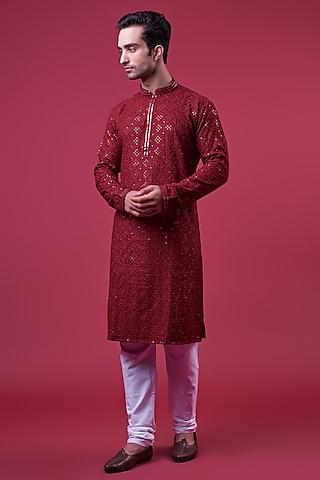 maroon rayon chikankari kurta set