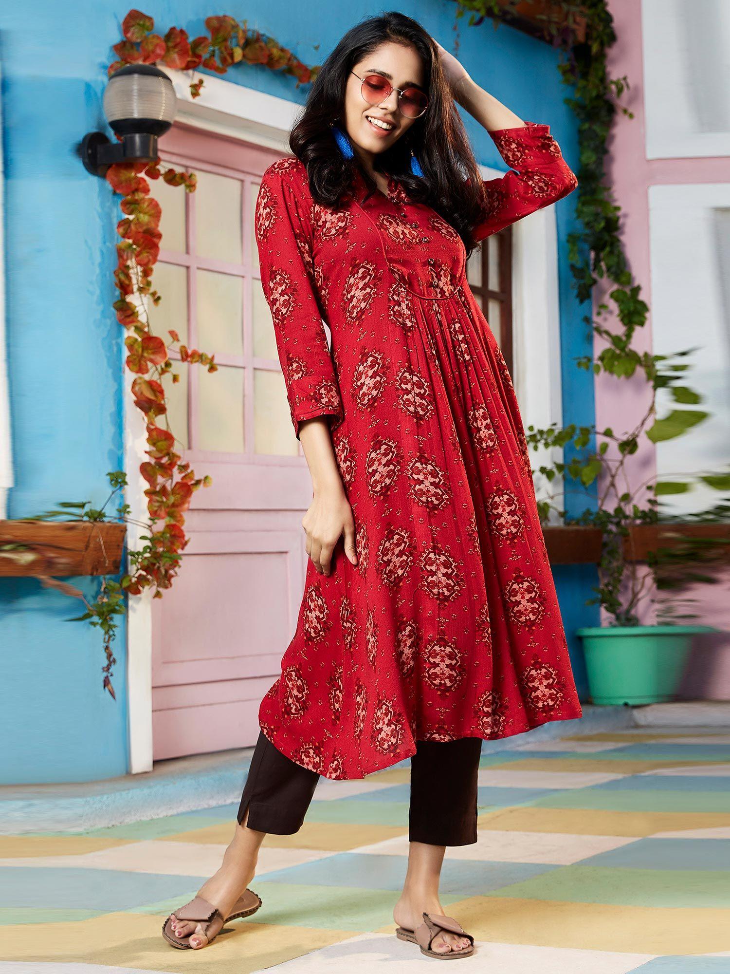 maroon rayon crepe kurta