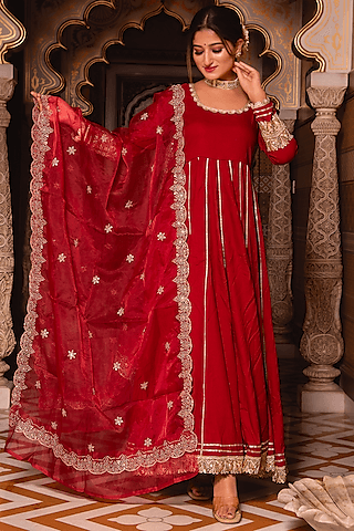 maroon rayon embroidered anarkali set