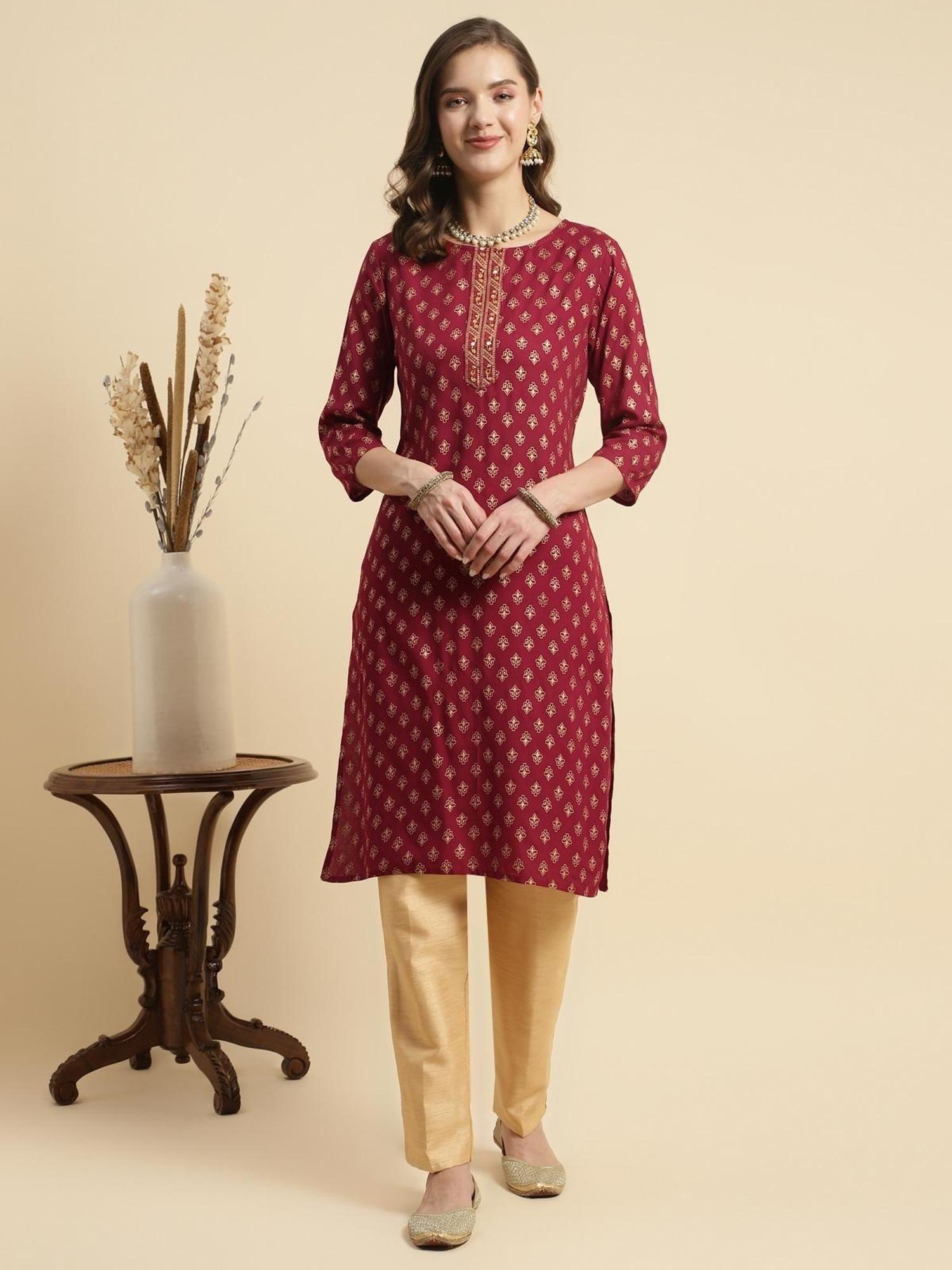 maroon rayon embroidered knee length straight kurta