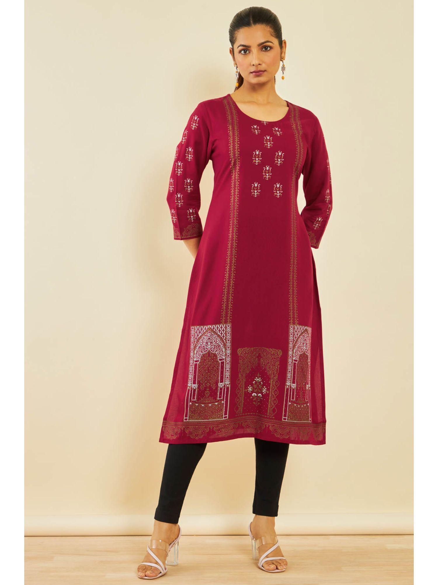 maroon rayon foil print kurta with beads