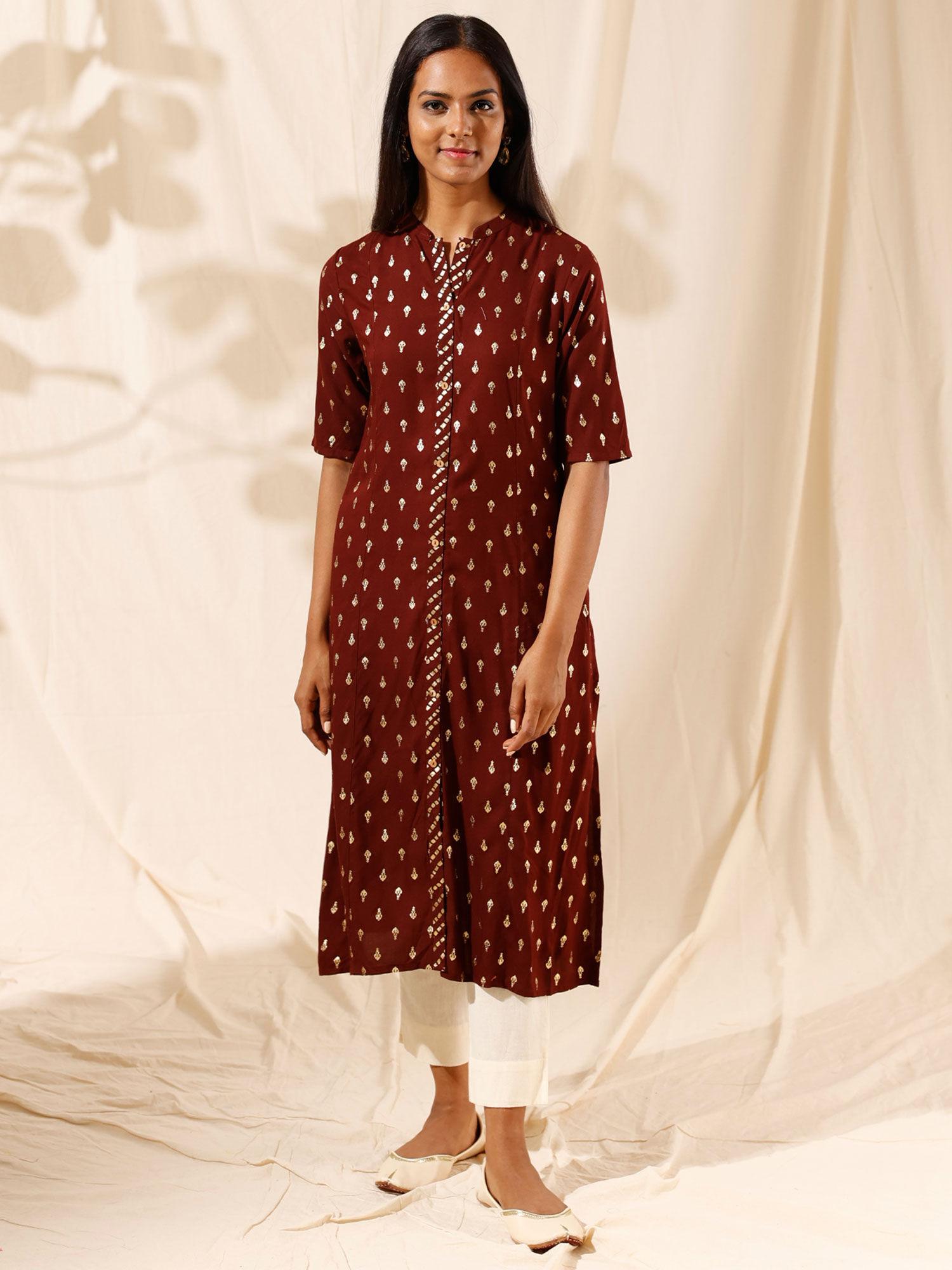 maroon rayon foil printed kurta likkur61