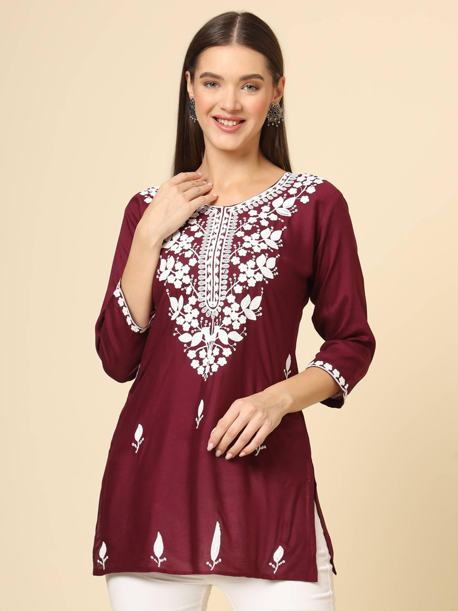 maroon rayon lucknowi chickankari work kurti