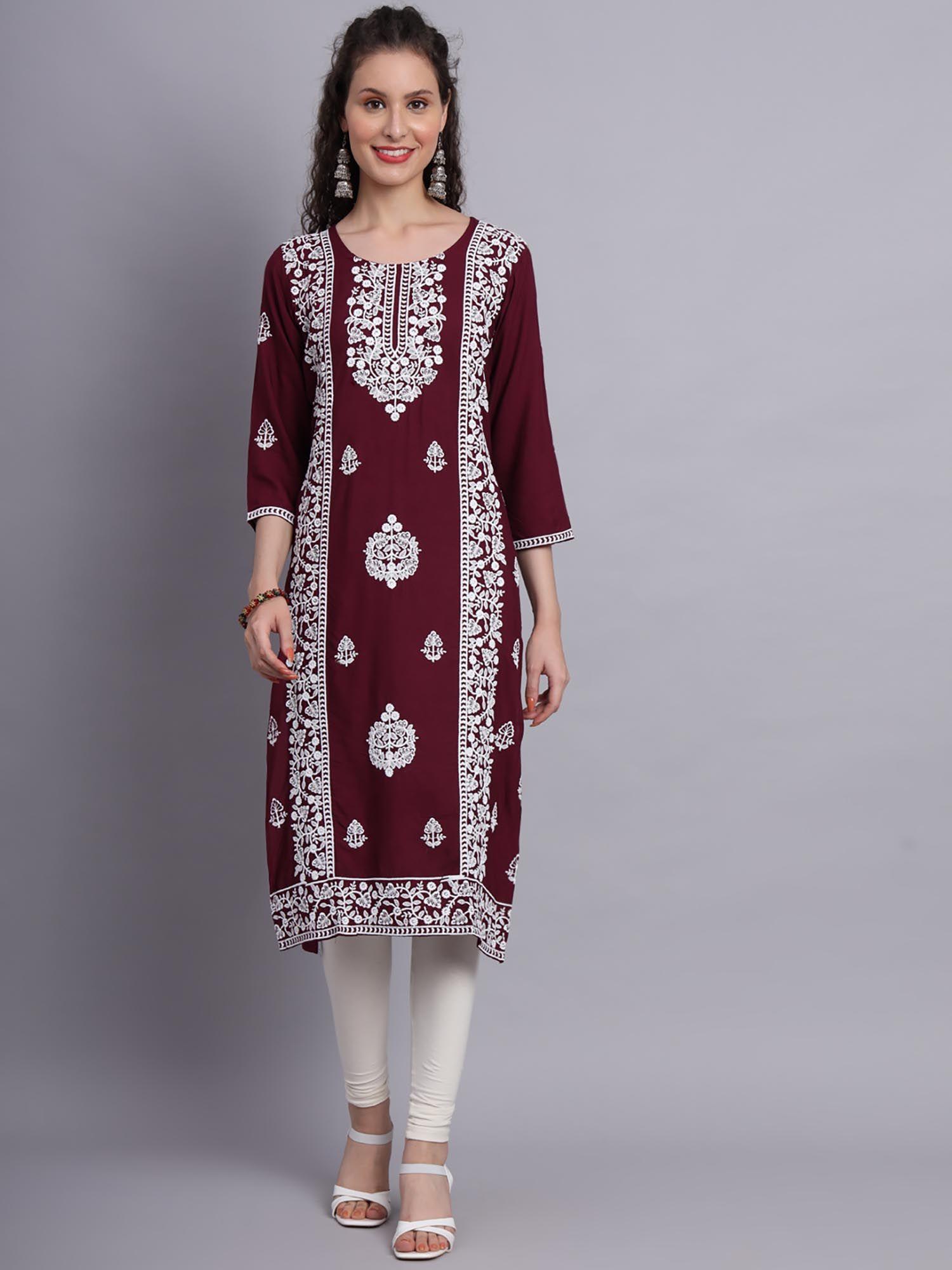 maroon rayon lucknowi chikankari work straigh kurta