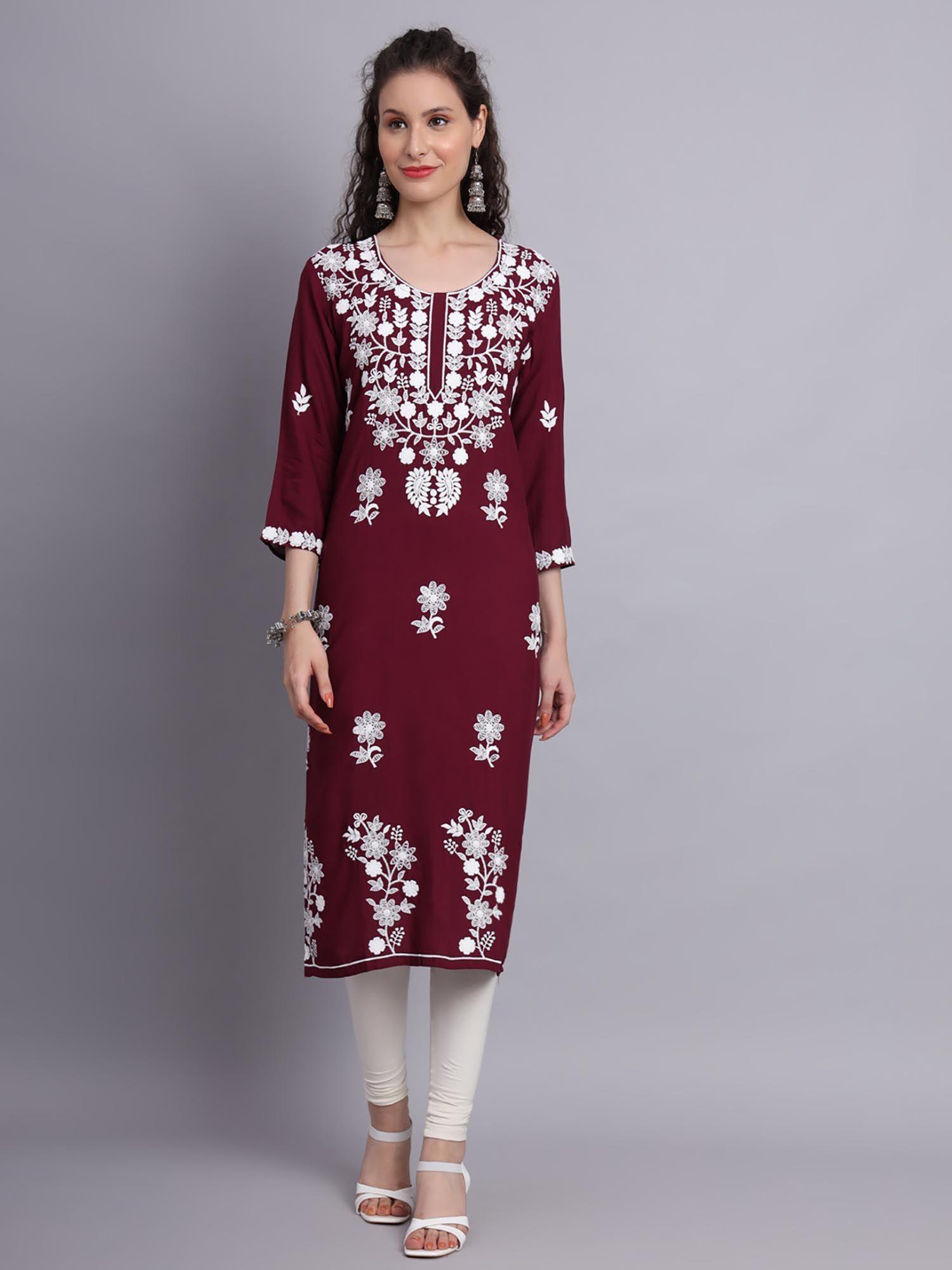 maroon rayon lucknowi chikankari work straigh kurta