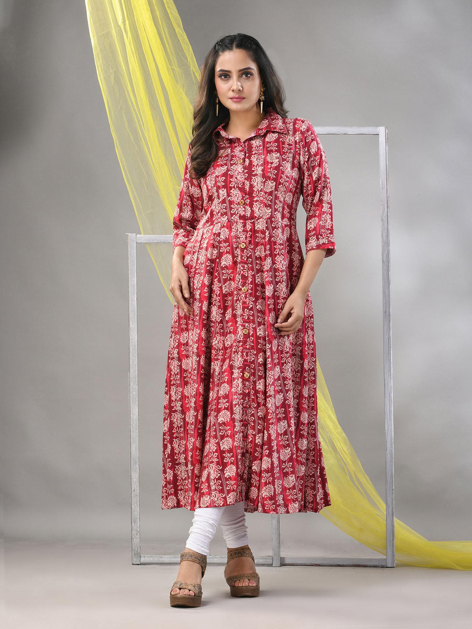 maroon rayon printed anarkali kurta