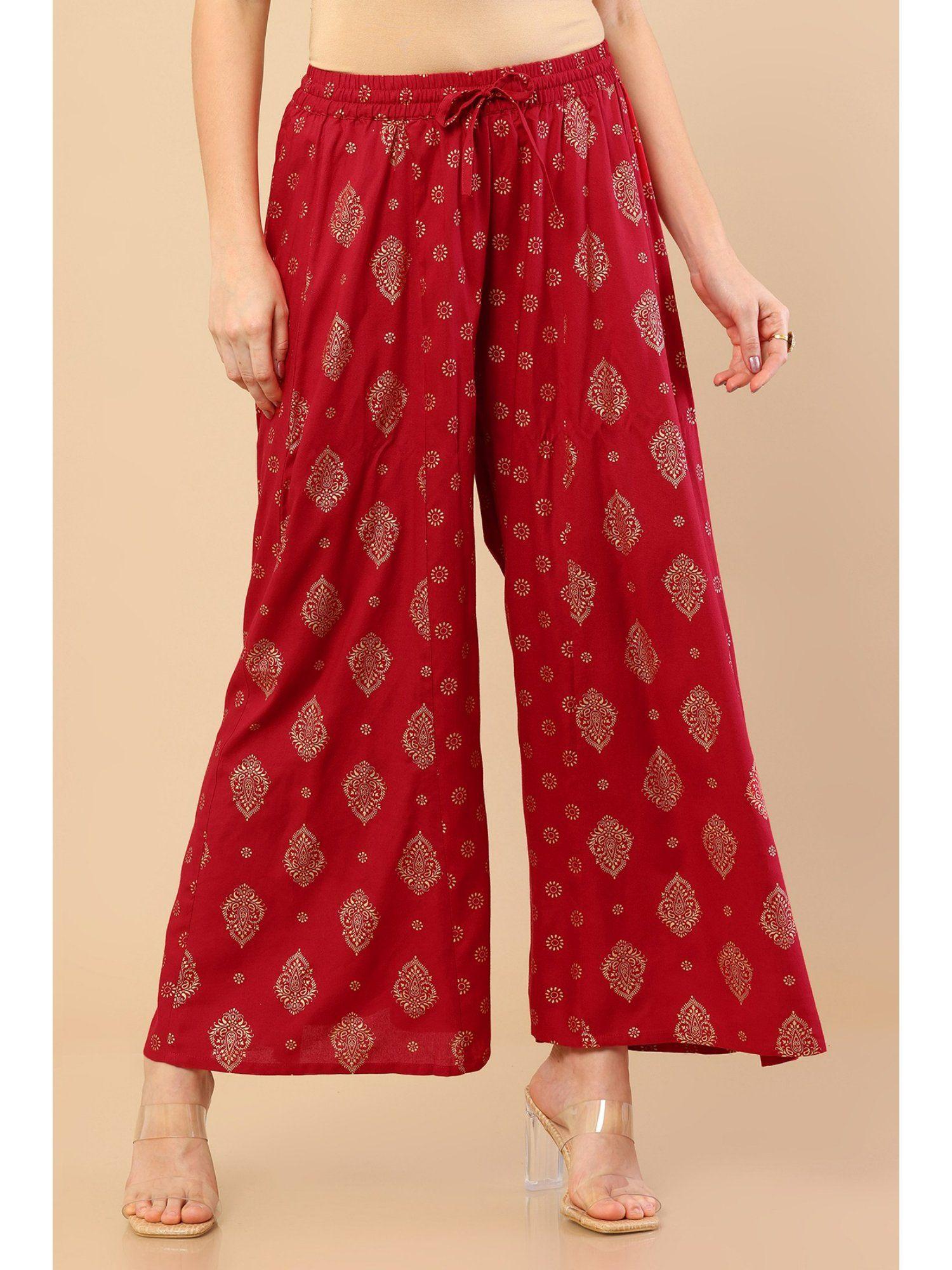 maroon rayon printed palazzo with damask motifs