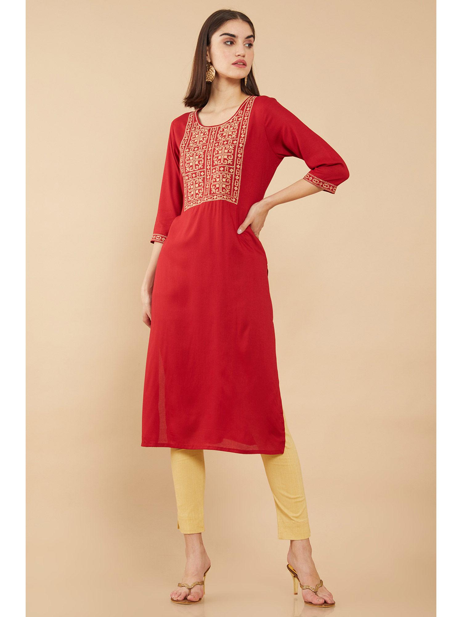 maroon rayon straight embroidered kurti