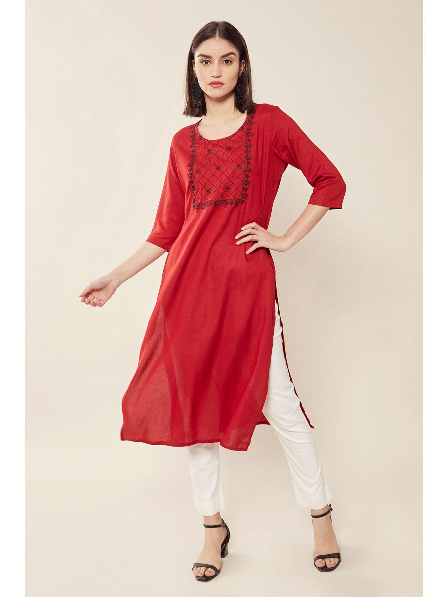 maroon rayon straight embroidered kurti