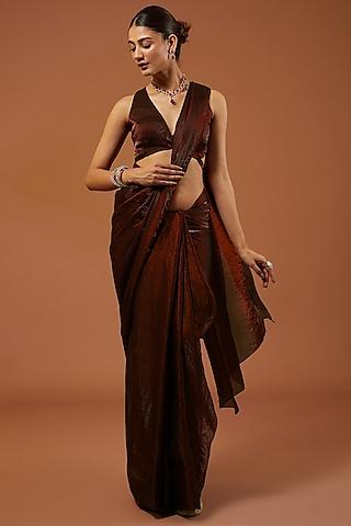 maroon red shimmer tissue crepe embroidered saree set