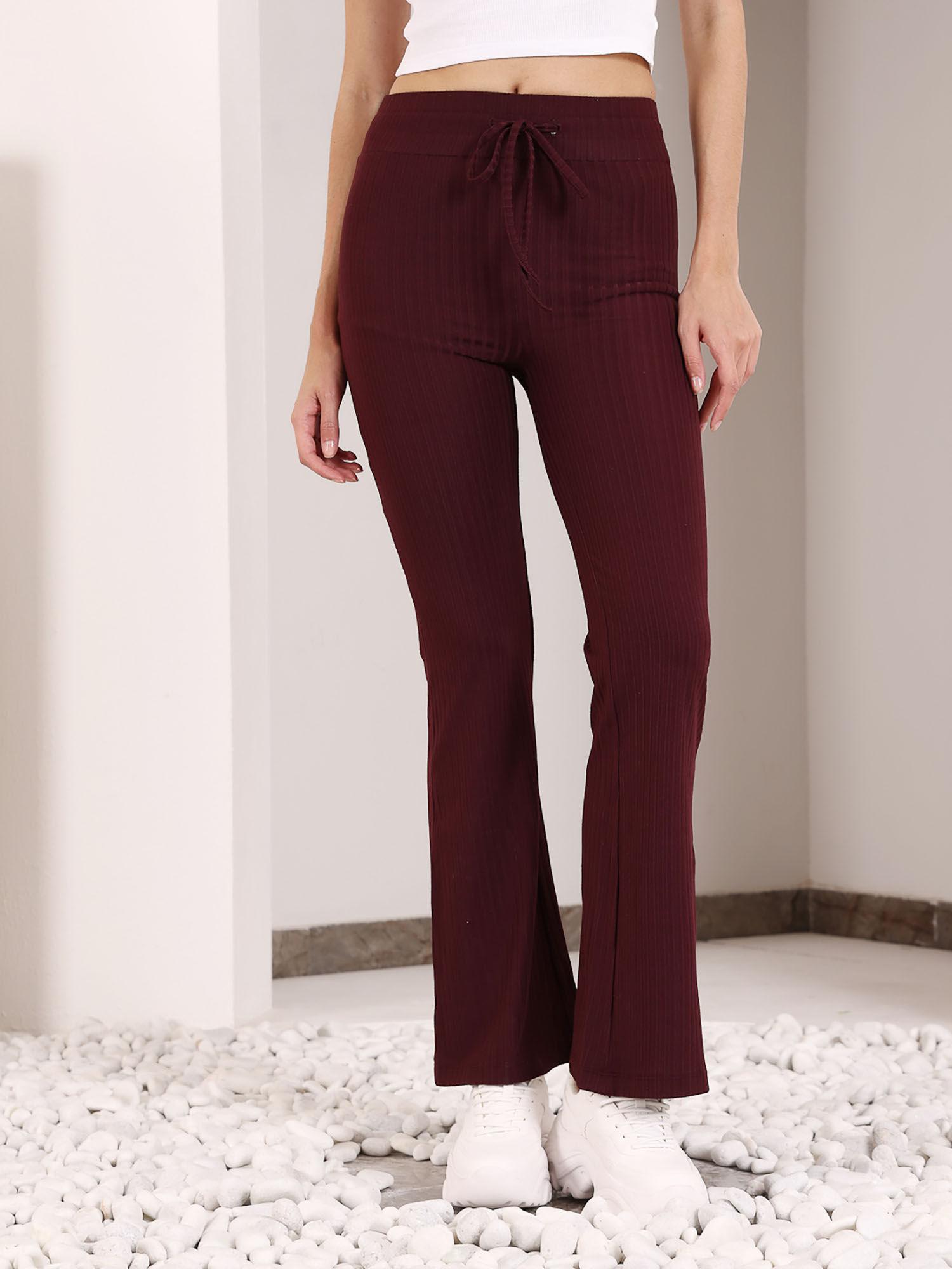 maroon rib drawstring flare pants