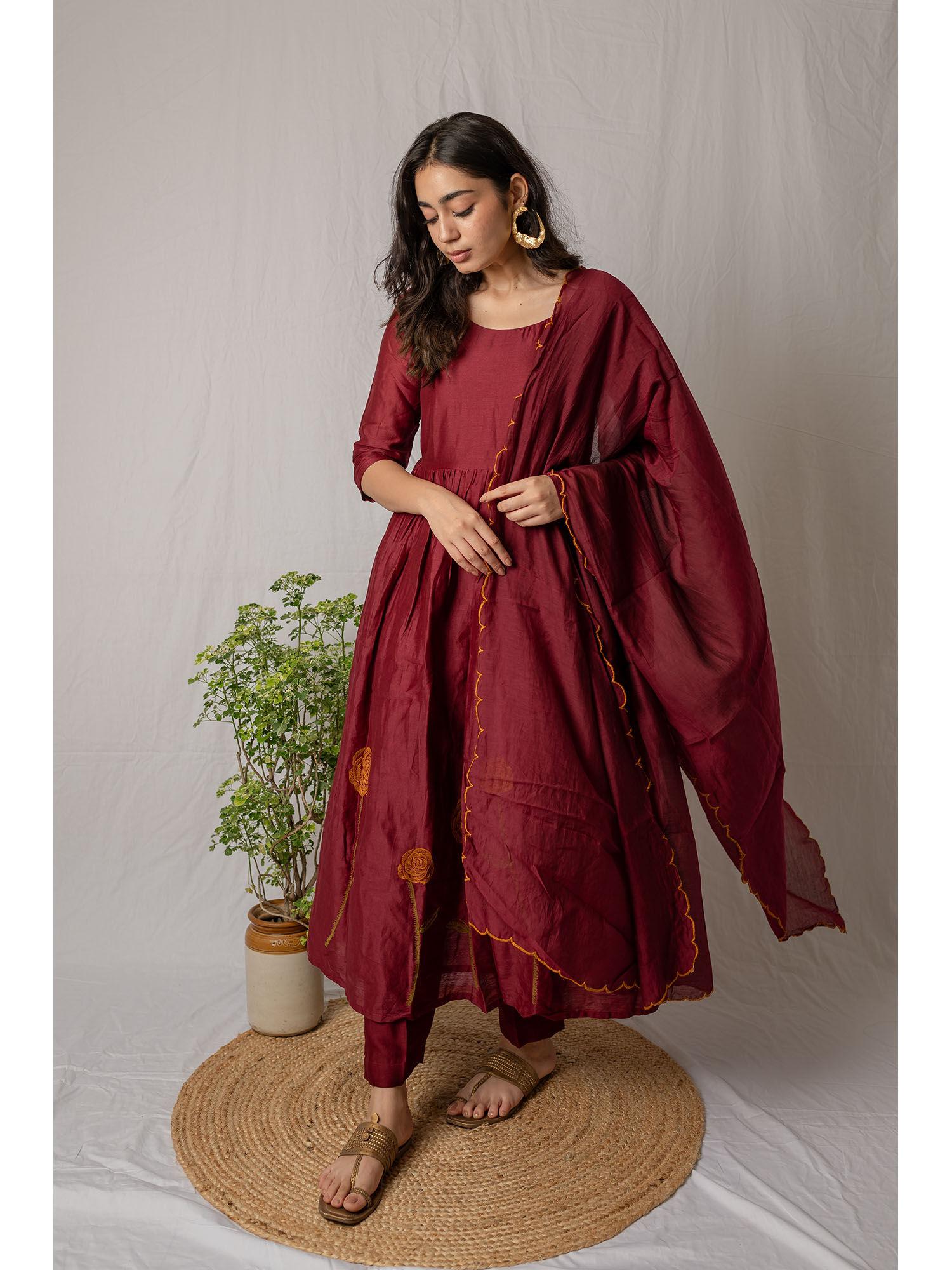 maroon rose anarkali with dupatta (set of 2)